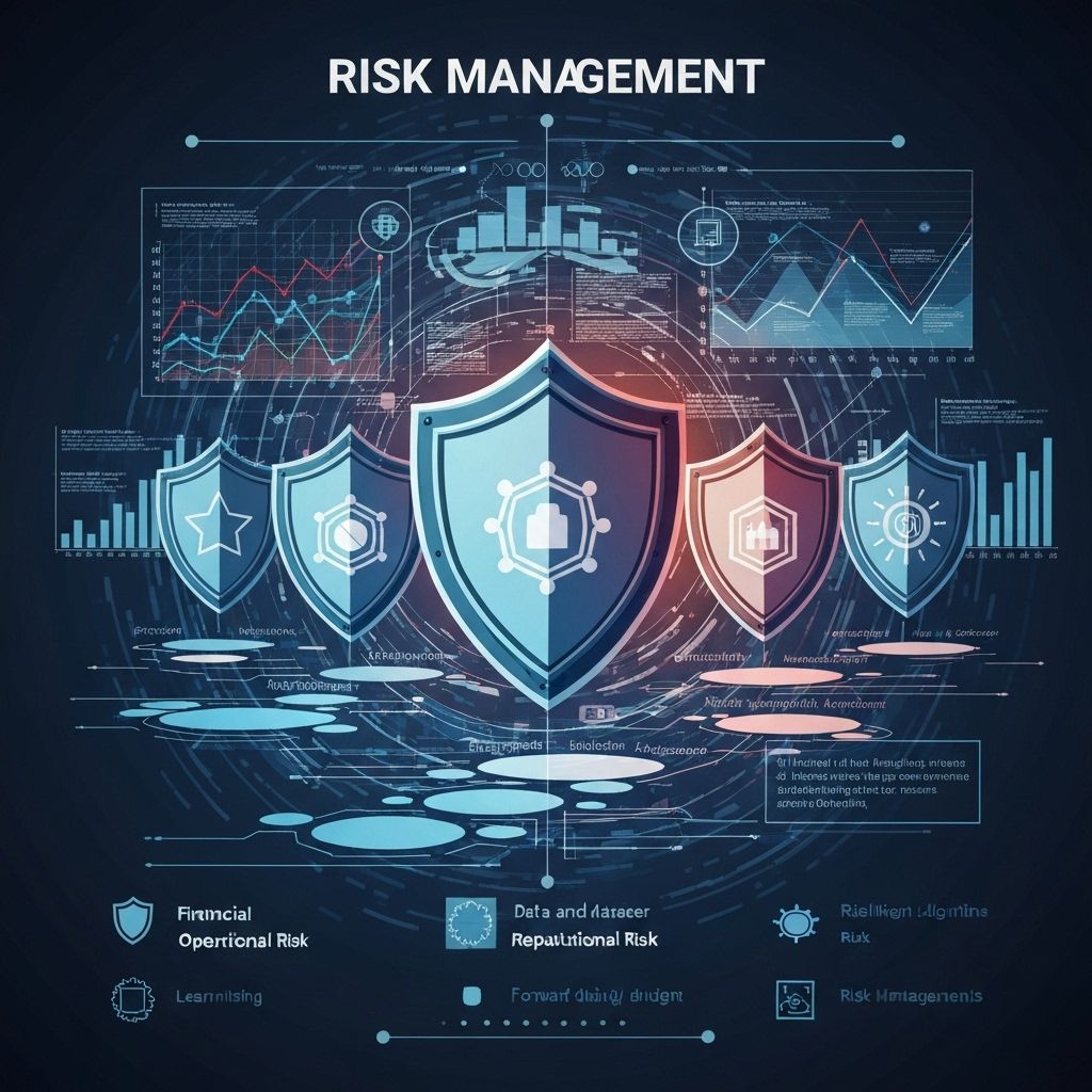Risk management concept with shields and graphs